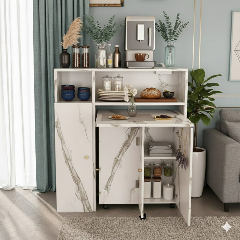 Table de salle à manger pliante polyvalente avec buffet mural et rangement pour petits appartements (finition blanche)