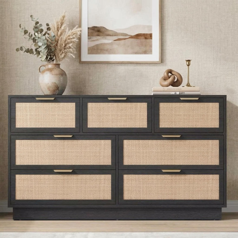 Commode 7 tiroirs en rotin, 7 tiroirs 55 po avec poignées en métal et base en bois robuste pour chambre à coucher de chambre d'enfant