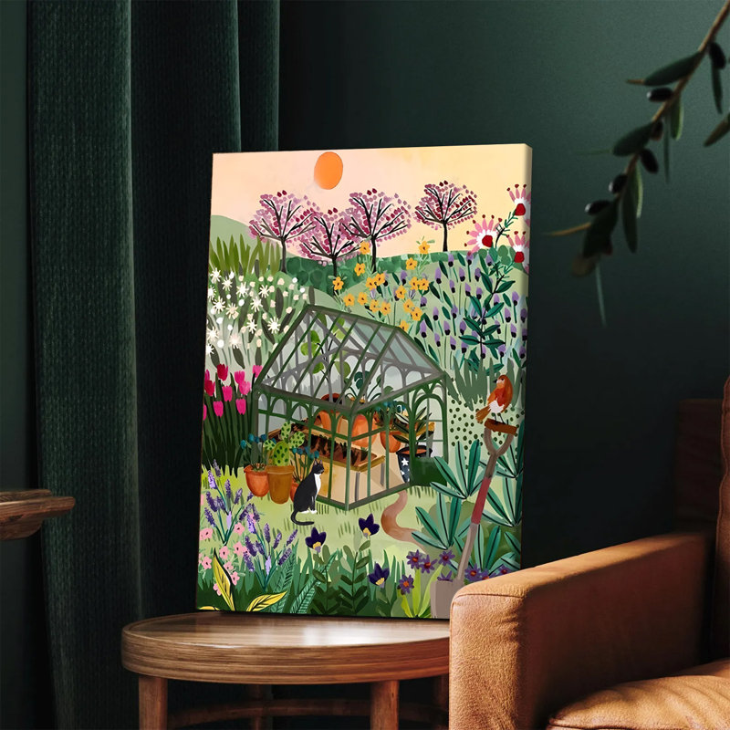 1 pièce, art mural encadré, serre vibrante avec oiseau chat et fleurs, H 12 po x l 18 po