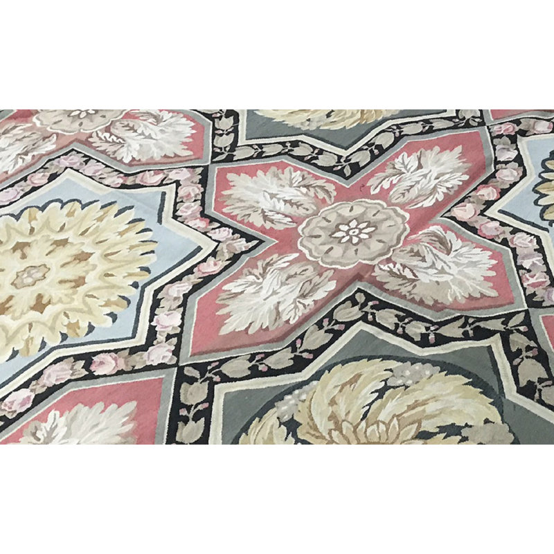 Hand-Knotted High-Quality Green and Rose Area Rug