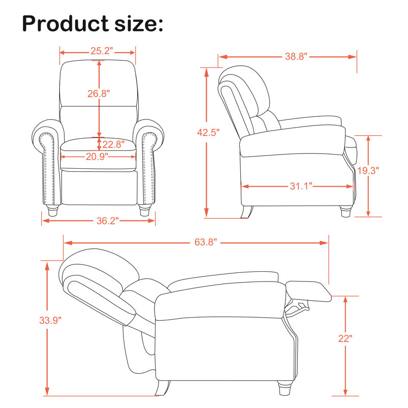 Pushback Recliner Chair, Chenille Upholstered Accent Chairs, Adjustable Reclining Sofa, Brown Chenille