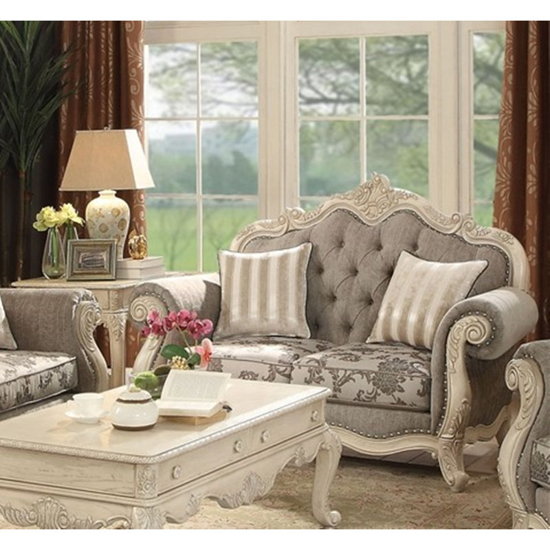 71" L Rolled Arm Loveseat with 2 Cha Transitional Cushions, Mélange de polyester blanc antique