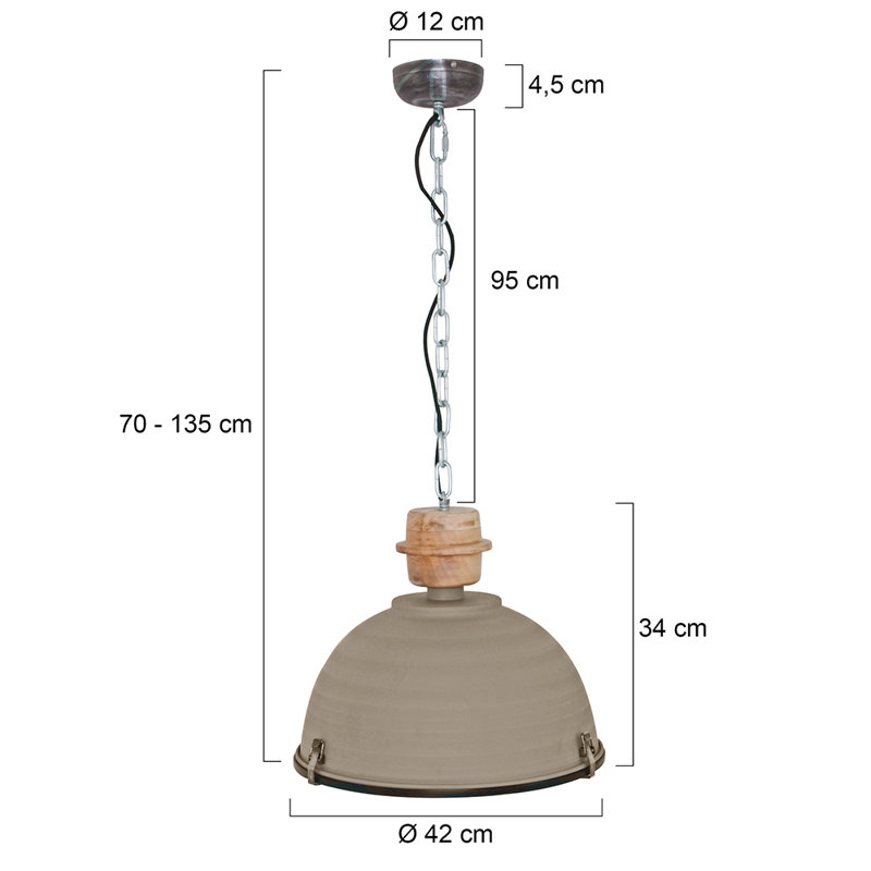 Cedeno 1 - Light Grey Dome Pendant, 135cm H x 42cm W x 42cm D