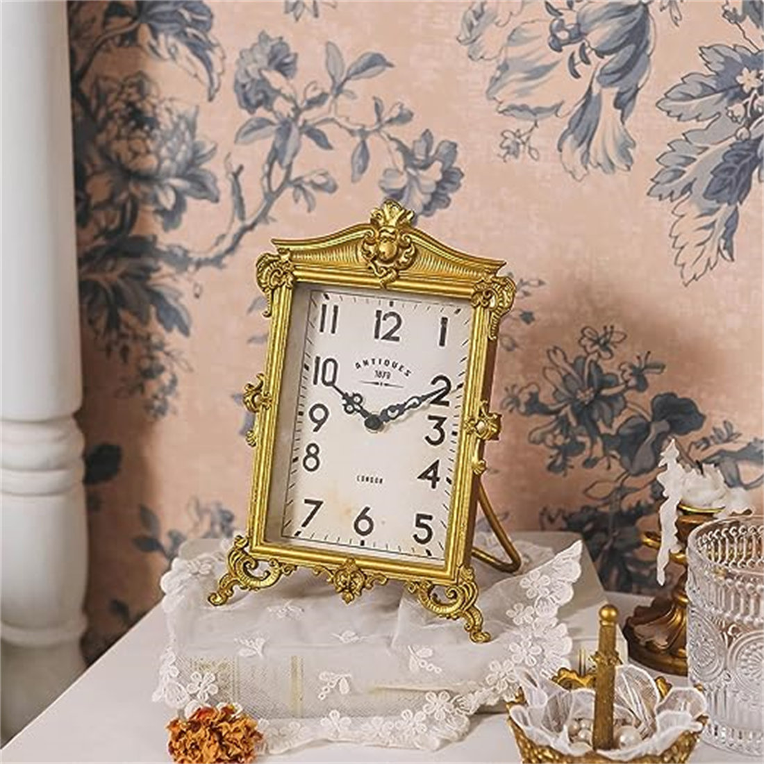 KEZNGUU Gold Table Clock,Alligator Leather Mantel Clocks For Fireplace,Large Shelf Clock Modern,Non-Ticking Decorative Desk Clock Battery
