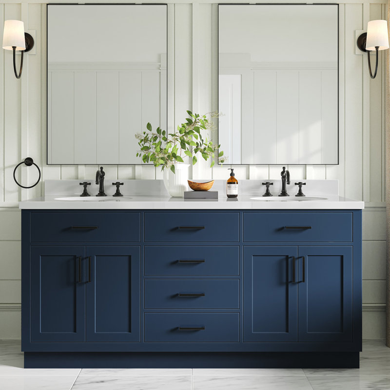 Meuble-lavabo double en bois massif 72 po Tidworth avec plateau en quartz blanc 1,5 po, Ovale, Bleu minuit