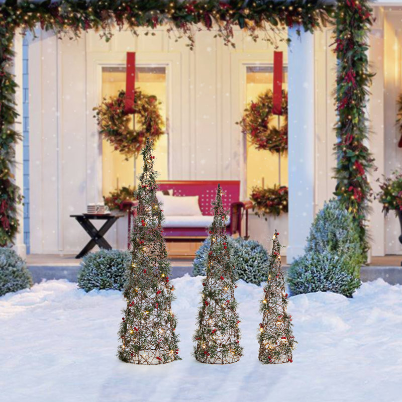 Set Of 3 Lighted Christmas Plastic Cone Tree With 75 Warm White LED Lights