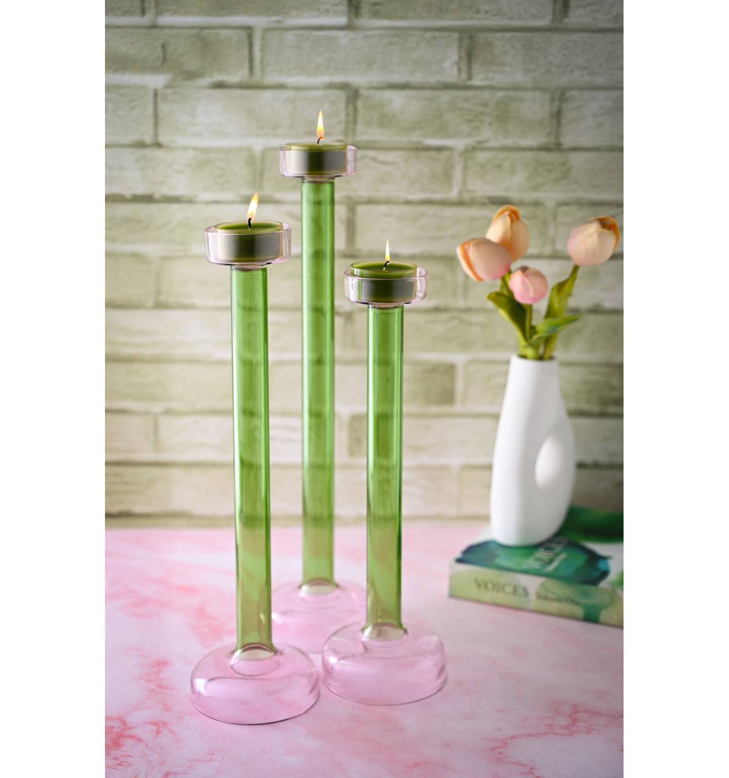 Ahmad Glass Tealight Candle Holder, 10.5"H x 3" W x 3" D, Green