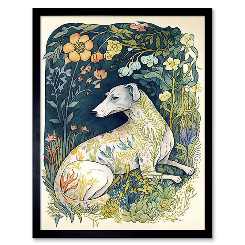 White Greyhound Dog With Floral Pattern Fur Coat Lying In Flower Field Modern - Single Picture Frame Print