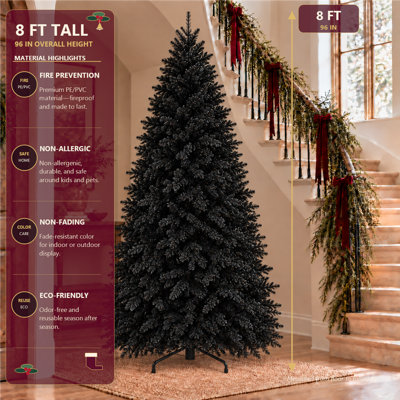 Sapin de Noël artificiel noir de 2,4 m (8 pi) préilluminé avec 600 lumières DEL blanches, 2486 extrémités de branches en PE et PVC, sapin de Noël articulé avec support en métal robuste pour la décoration intérieure et les fêtes.