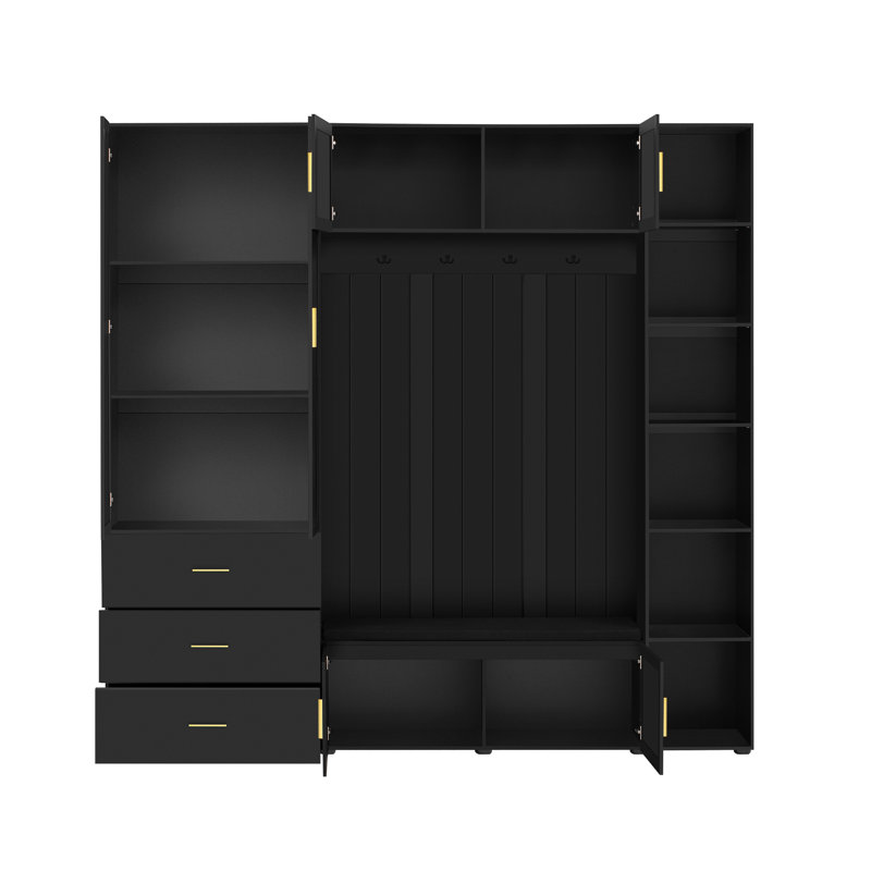 American Style 4-in-1 Hall Tree With Padded Bench, 4 Hooks, And Adjustable Storage Shelves