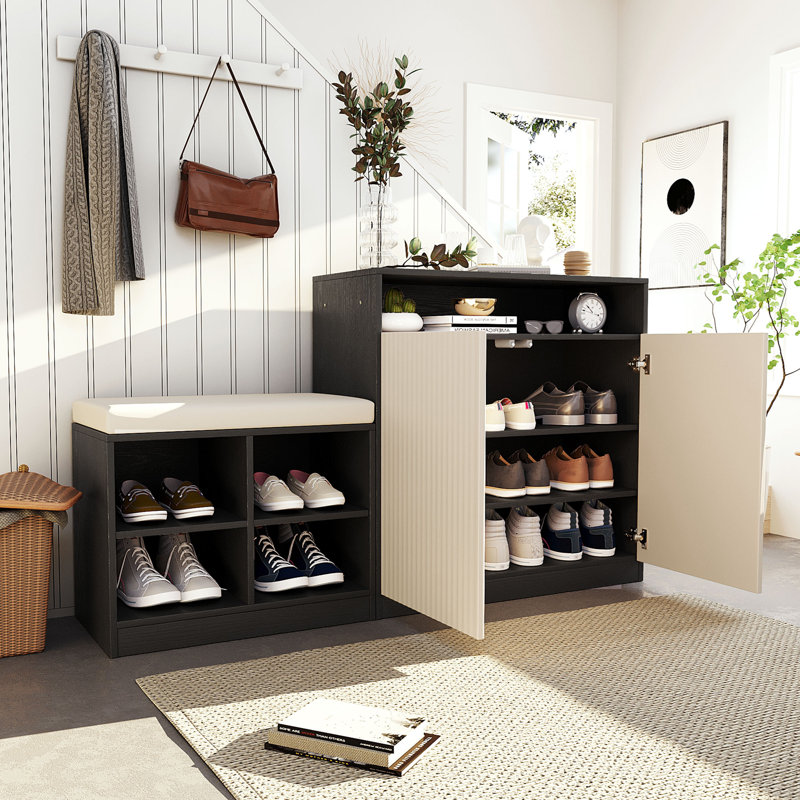 Range-chaussures avec banc et coussin, Noir