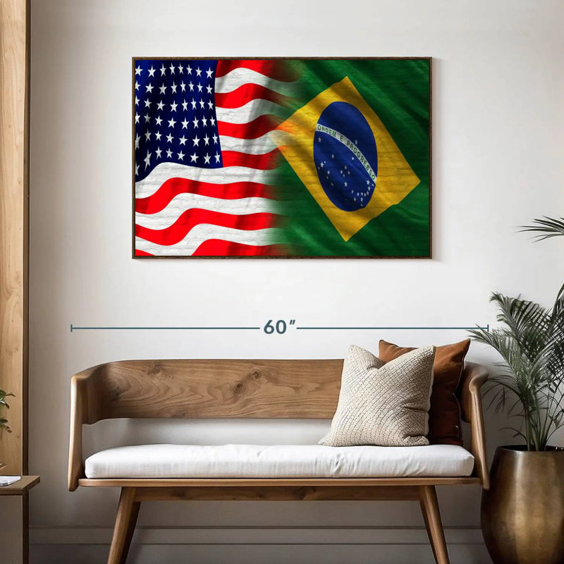 Drapeau des États-Unis et du Brésil, Cadre flottant en noyer, 43 po x 29 po