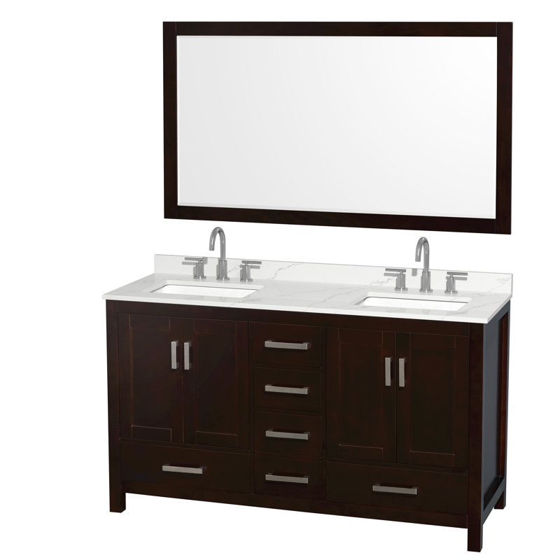 Sheffield 60" Freestanding Double Bathroom Vanity with Quartz Top with 58" Mirror, Chrome, Brown, Giotto Quartz