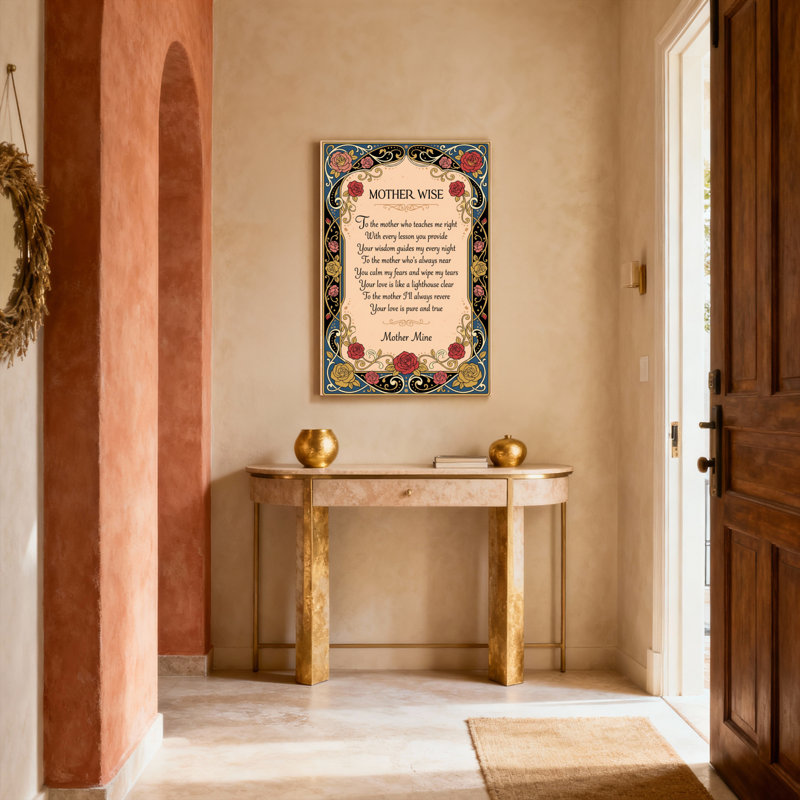Tableau mural sur toile tendue à motif floral « Mother Wise » avec un design élégant de roses et de volutes, idéal pour la décoration d'une chambre ou d'un salon.