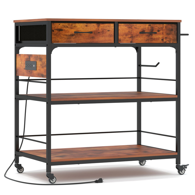 Kitchen Island Cart With Towel Rack And Fabric Drawers, Versatile Kitchen Cart With Power Outlets For Convenience