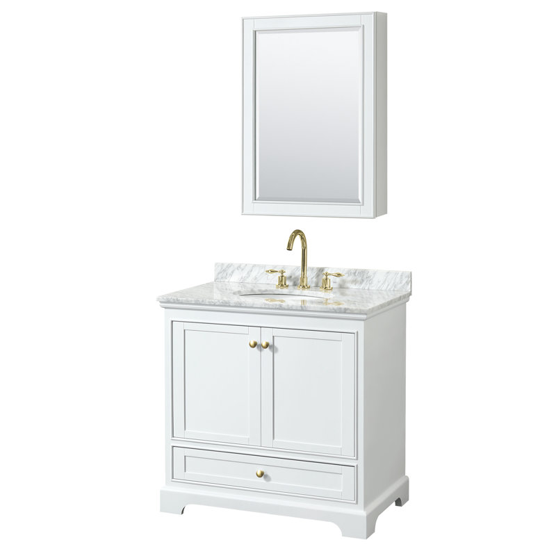 Ensemble de meuble-lavabo simple 36 "avec miroir Deborah, Blanc, Or