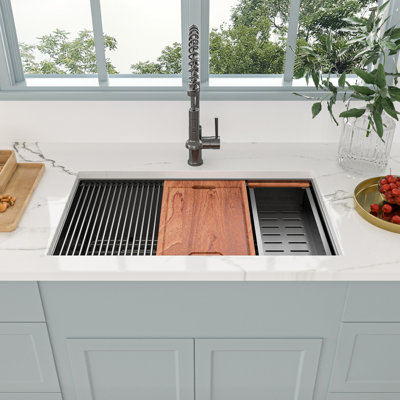 28"L x 18"W Undermount Workstation Kitchen Sink Single Bowl Stainless Steel Kitchen Sink with Cutting Board