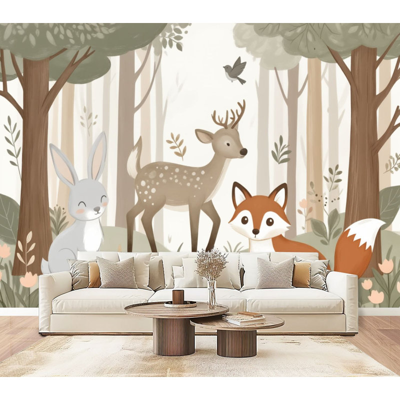 Papier peint auto-adhésif Mignon animaux de la forêt, cerf, lapin, lapin, couleurs neutres, H 69 po x l 96 po, papier peint amovible en PVC, adhésif pour chambre à coucher, salon, bureau à domicile