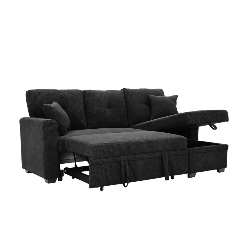 L-Shape 71" Wide Space-Saving Sleeper Sofa Upholstered Pull-Out Sofa Bed, Black