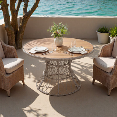 Table de salle à manger d'extérieur durable - plateau rond en bois d'acacia et base en osier, table de patio brun pour 4 à 6
