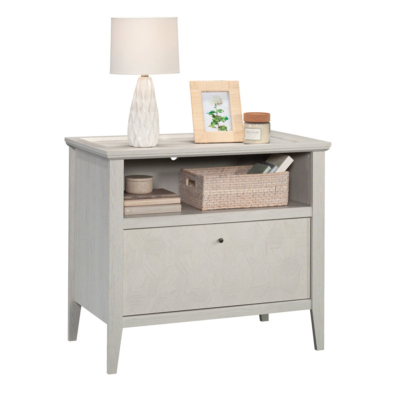 Classeur latéral gris, bureau personnel, salon, rangement de documents d'étude, tiroir spacieux, dossiers de format lettre et légal, glissières pleine extension lisses, motif moderne, motif décoratif, pieds fuselés blancs,