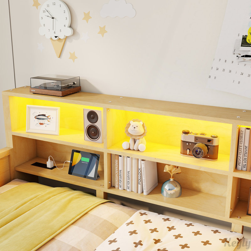 Lit de jour extensible avec tête de rangement, DEL RVB et station de charge, Natural