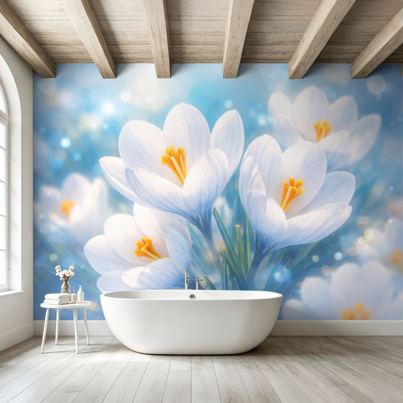 Papier peint adhésif pelez et collez, fleurs de crocus blanches, art abstrait bleu doux, auto-adhésif et amovible