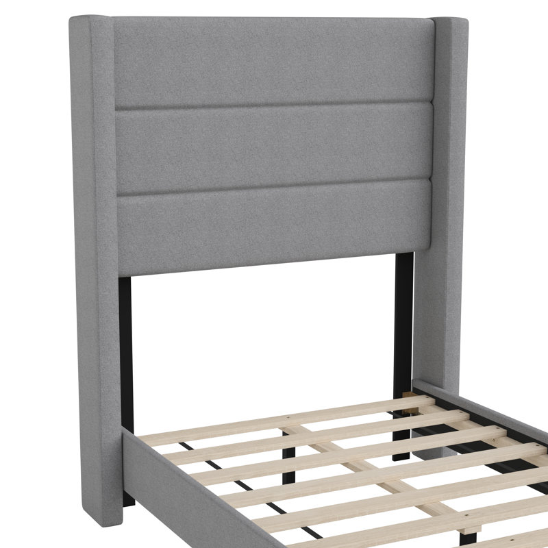 Upholstered Platform Bed with Wingback Headboard, Mattress Foundation with Slatted Supports, Twin, Gray