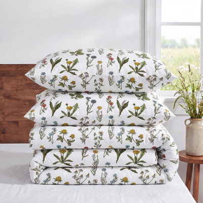King Size Floral Comforter Set 100% Cotton Bedding Set 3 Pcs Cute Wildflower Botanical French Country Bedding Aesthetic Cottage Core Bed Comforter for All Season