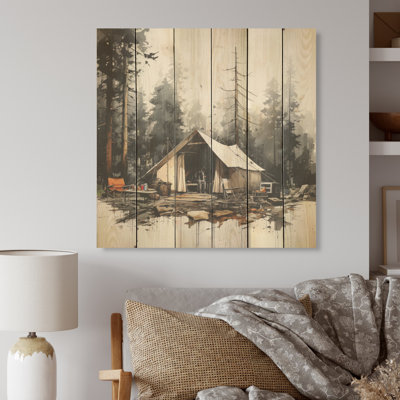 Tente de camping dans un paysage hivernal - Art mural en bois sur bois de pin naturel