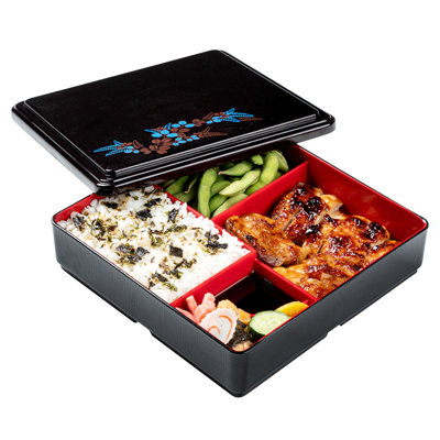 Restaurantware-8.3 x 2.2 Inch Compartment Lunch Container, 1 Japanese Style Adult Lunch Container - With 5 Compartments, Greaseproof, Black & Red Plastic Divided Meal Box, For Hot & Cold Food