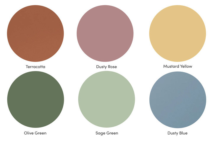 muted color palette: terracotta, dusty rose, mustard yellow, olive green, sage green, dusty blue