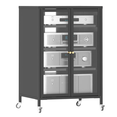 Meuble audio-vidéo de 35,8 po de hauteur avec 4 tablettes réglables en verre, structure en acier, roues et gestion des câbles pour installation télé