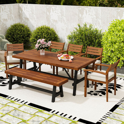 7Pcs Outdoor Dining Set for 8 with Patio Table, 5 Ergonomic Chairs, Removable Cushions and Bench