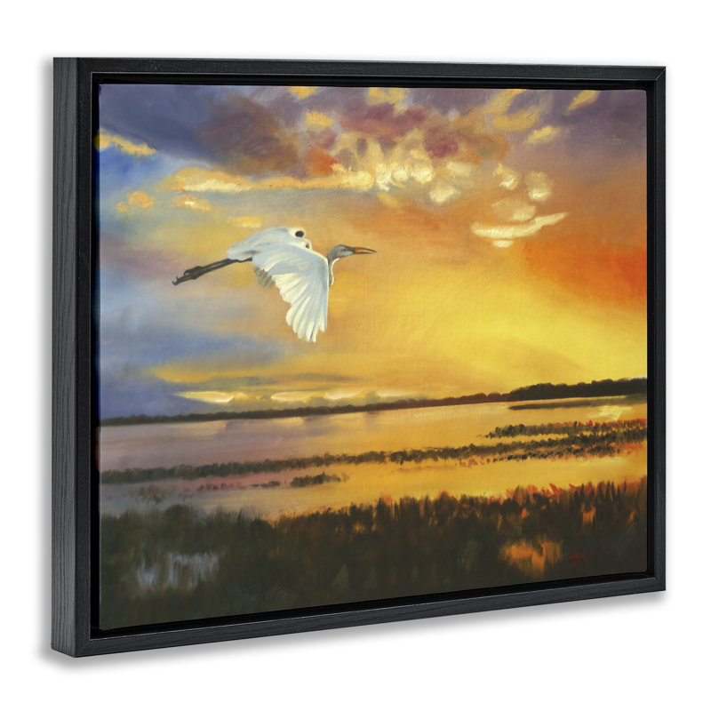 «Bird over Sunlit Pond», art mural par D. Rust, H 25 po x l 31 po, Cadre flottant noir de jais