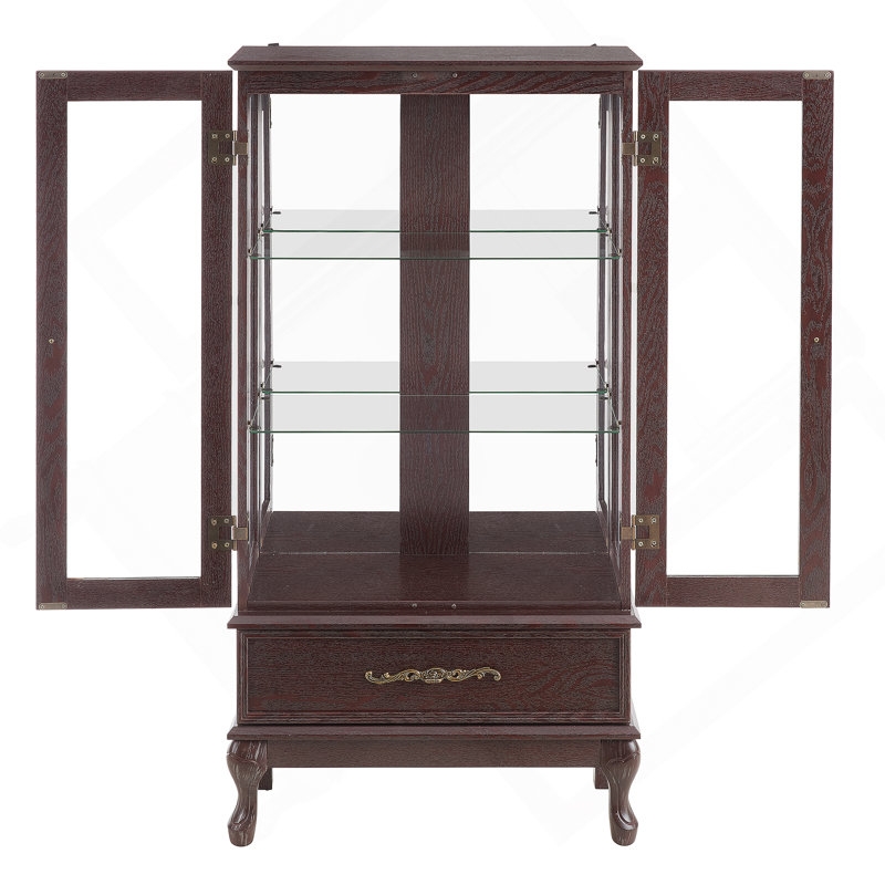 Curio Cabinet Lighted Glass Cabinet Glass Wine Cabinet Curio Display Cabinet with Adjustable Glass Shelves 2 Doors and 1 drawer Cabinet Sideboard With Bulb Included