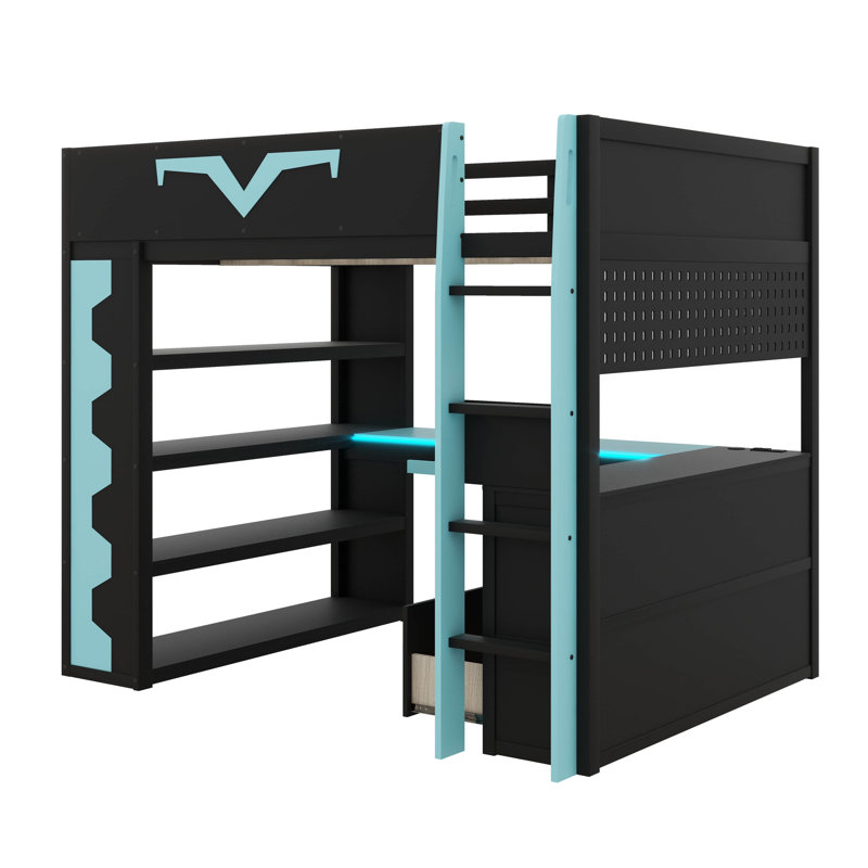 Full-Size Gaming Loft Bed With Built-In Desk & LED Lighting, Pro-Gamer Bed With Power Outlet, Spacious Bookshelf, Pegboard, Keyboard Tray & Storage Drawer