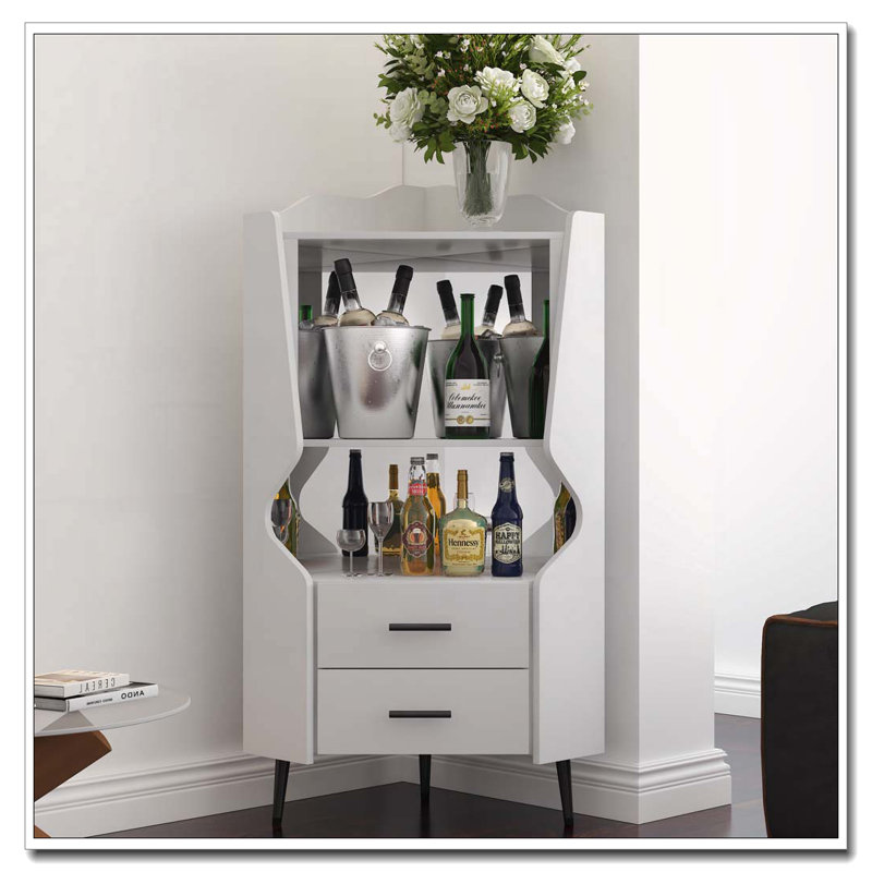 Bar en bois avec 2 tablettes de rangement ouvertes et 2 tiroirs, Blanc