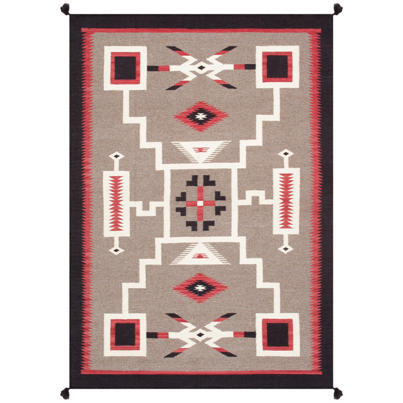 Tapis rectangulaire en laine tissé à la main et à plat à la main de style sud-ouest Tuscany 4 pi 10 po x 7 pi Tuscany / noir / rouge / blanc