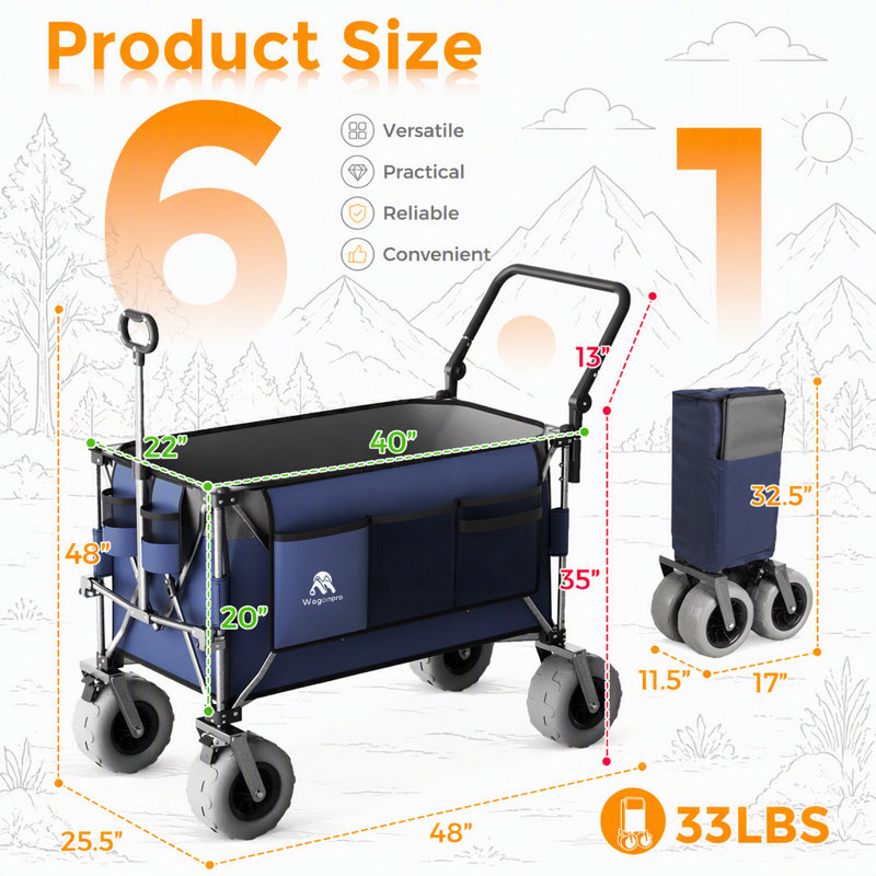 Chariot pliant 48 pouces multifonctionnel avec poignée rotative et pneus tout-terrain pour l'extérieur