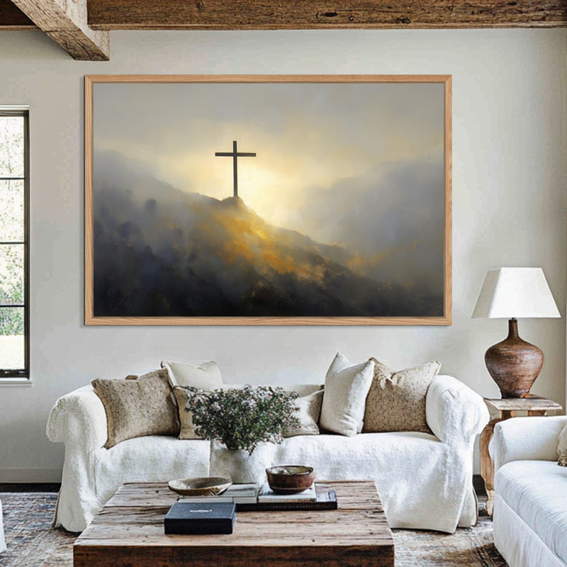 "Timuba", grande toile encadrée de Pâques, peinture sereine en croix, image inspirante pour un décor spirituel et printanier, cadre flottant, 36 po x 48 po
