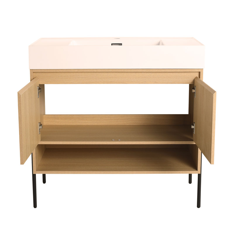 Ensemble de meuble-lavabo 36 po avec lavabo simple en résine, ensemble d'armoires de rangement 2 portes, bois massif multicouche, chêne