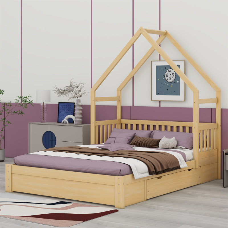 House Platform Bed With Guardrail And 2 Drawers, Natural