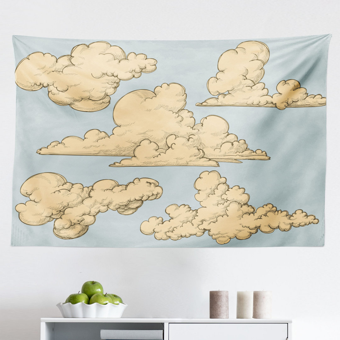 Wandbehang Fluffy Formed Old-Fashioned Clouds in Air Funky Bunte Himmel Elemente Illustration