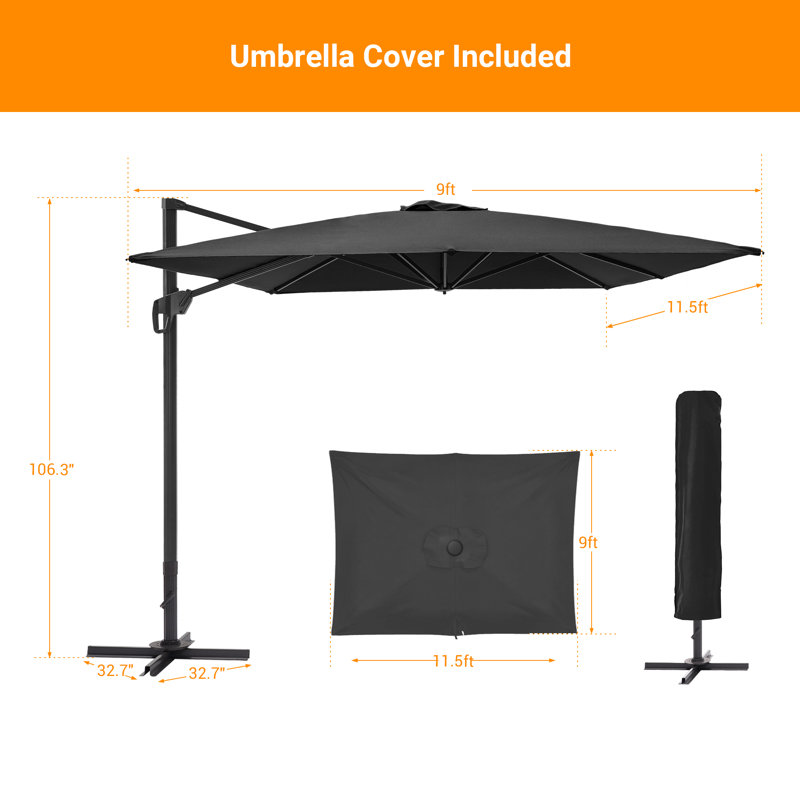 Parasol en porte-à-faux rectangulaire Sayhaan , Noir, H 106 po x l 138 po x P 138 po