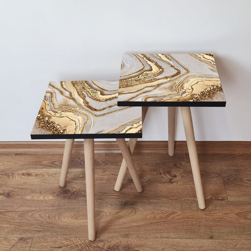 Elegant Nesting Table Set (2 Pieces), Abstract Marble Design in Gold, Beige & Brown | 100% MDF with Beech Wood Legs | Bigger Table: 13.8 x 18.5 x 13.8 inches, Smaller Table: 13.8 x 16.5 x 13.8 inches | Stylish & Functional for Modern Living Spaces
