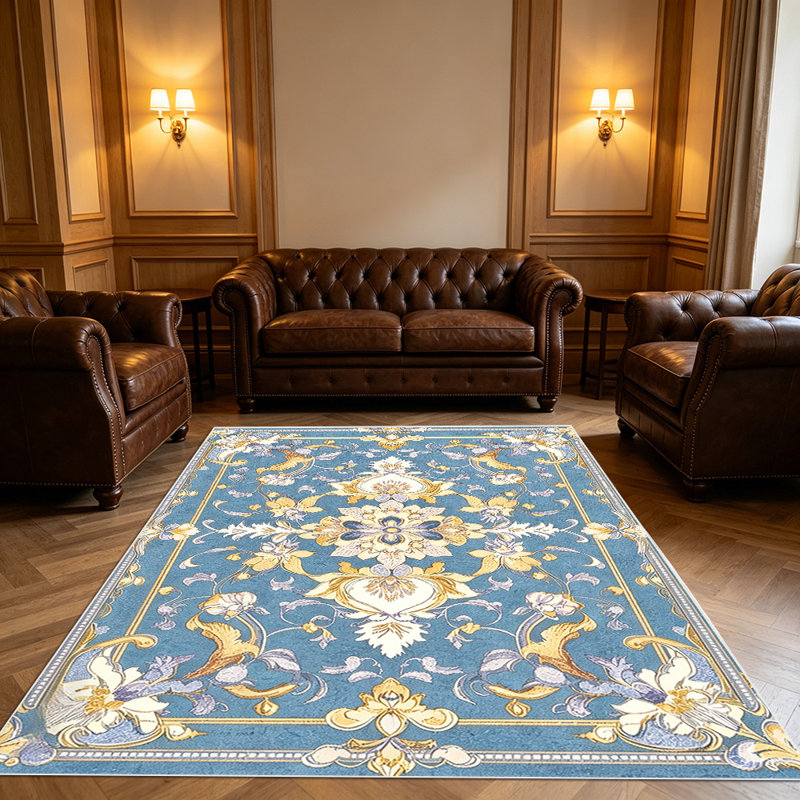 1PC Vintage Persian Floral Blue Gold area rugs for Living Room, Soft, All seasons, Easy-maintain, Washable Indoor mat, Farmhouse suitable for dining table, bedroom, entryway, kitchen, home office, patio Home Decor, Outdoor Decor.