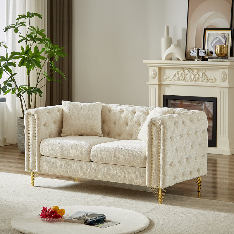 Canapé Chesterfield LUSPAZ, capitonné avec garniture cloutée en cuivre, pieds en métal, design moderne, Chenille beige