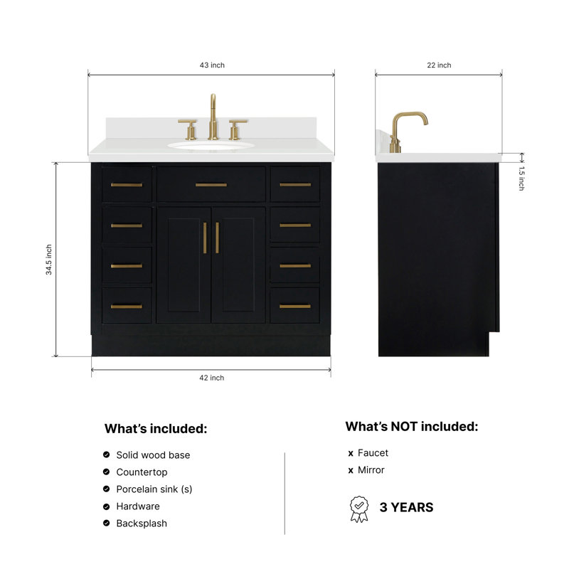 Tidworth 42' Solid Wood Single Bathroom Vanity with 1.5' White Quartz Top, Noir / laiton satiné, Ovale