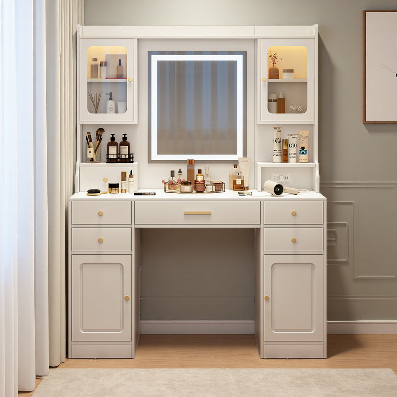 Grande coiffeuse avec miroir, 6 tiroirs et tablettes, bureau de commode